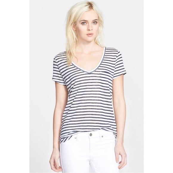 Paige Linnea Linen Striped Pocket V Neck Short Sleeve‎ T-Shirt Blue White small - Picture 1 of 6